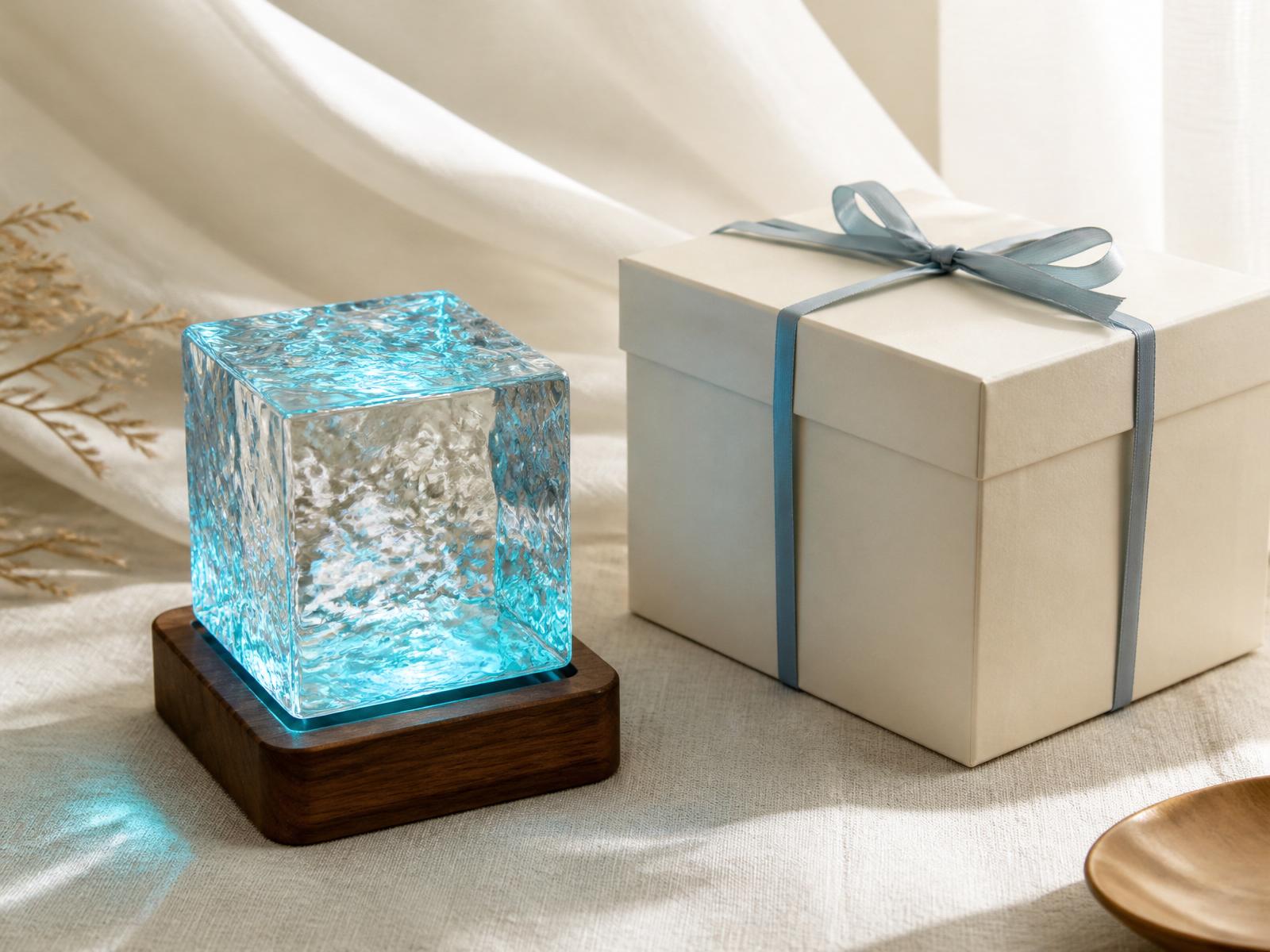 Lumiwave Cube jako prezent obok minimalistycznego pudełka